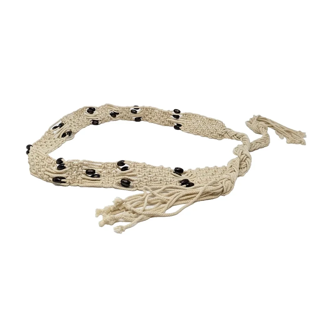 Vintage 80s Belt Beige Crocheted Tie Boho Beaded Macrame Women's 31 Inches